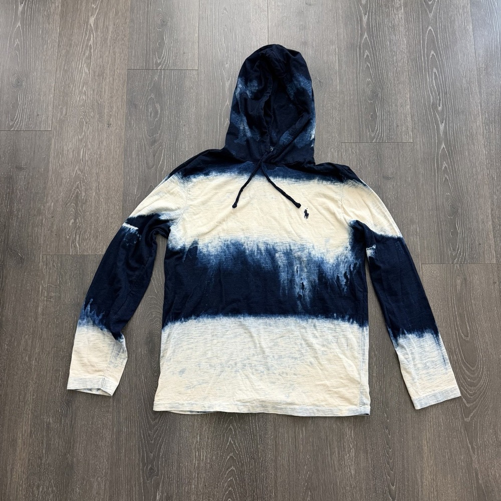 Polo Ralph Lauren Mens M  Tie Dye Hoodie Navy‎ Blue White Long Sleeve T-Shirt